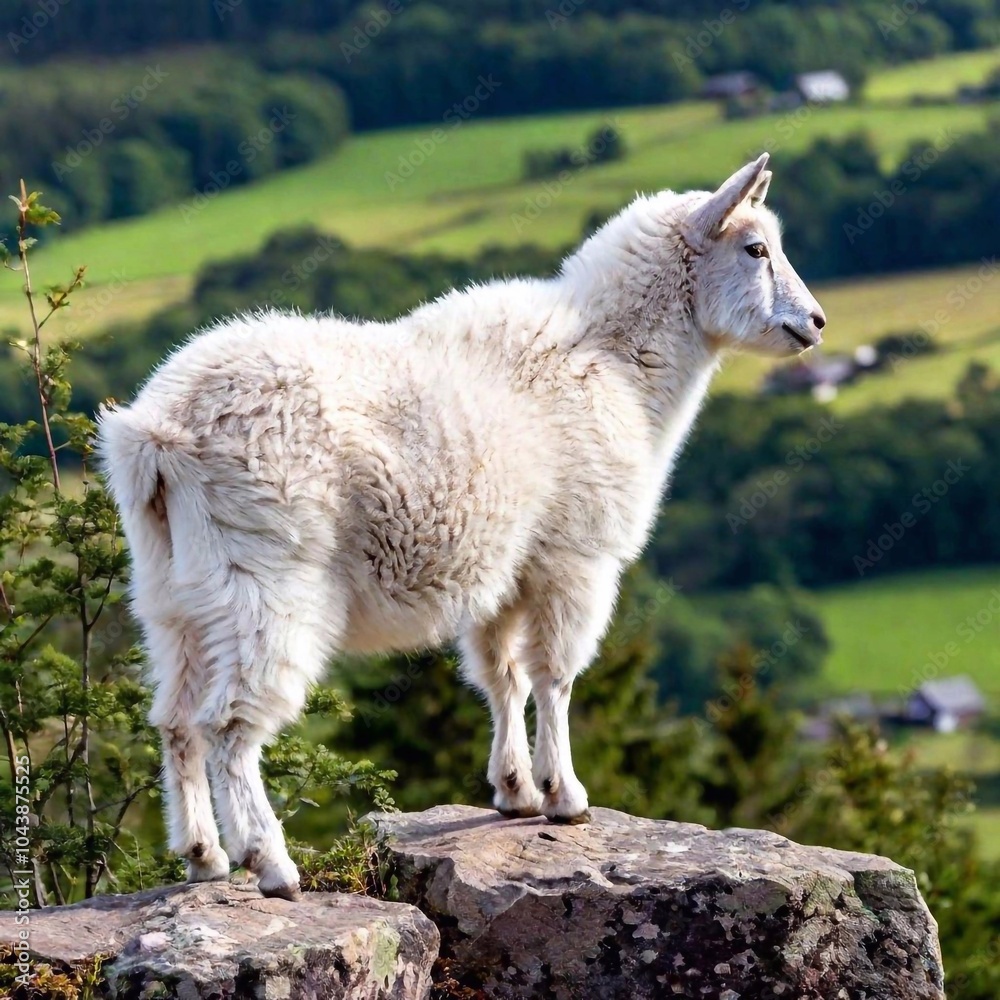 Obraz premium A full shot of a goat standing on a rocky outcrop, with soft focus creating a gentle blur on the goat and the surrounding landscape of the farm