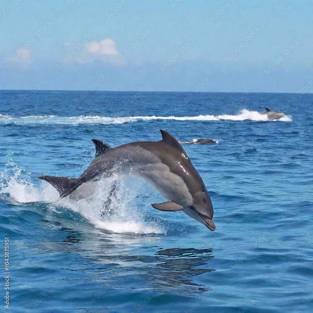 Fototapeta premium A full shot of a pod of dolphins leaping through the water, with rack focus shifting from the closest dolphins in the pod to the more distant, blurred forms of the pod in the background