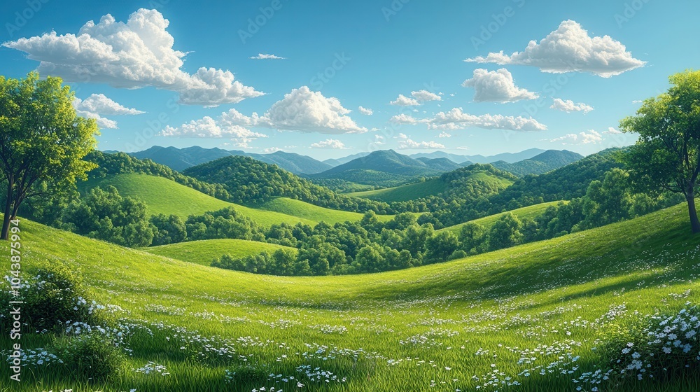 idyllic summer landscape featuring rolling hills adorned with lush green grass and a brilliant blue sky dotted with white fluffy clouds presented in a flat cartoon style illustration