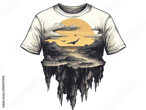 Surreal t-shirt design featuring a mountain landscape and birds against an orange sun backdrop. photo