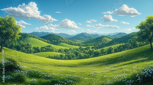 idyllic summer landscape featuring rolling hills adorned with lush green grass and a brilliant blue sky dotted with white fluffy clouds presented in a flat cartoon style illustration