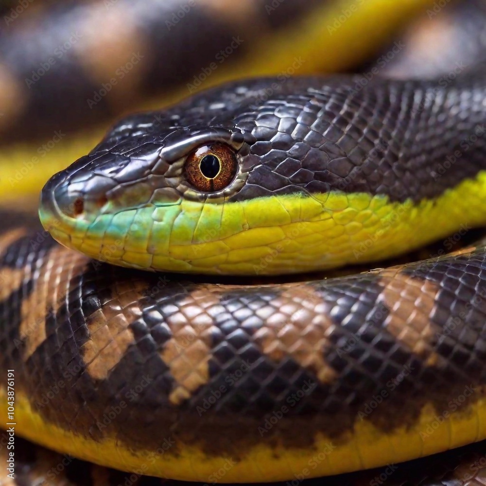Fototapeta premium close-up extreme macro of a snake eye, with the pupil and surrounding scales in sharp focus, while the rest of the snake's head and background gradually blur out, creating a sense of intense