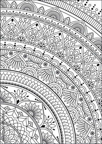 Coloring book page. Colorless pattern with abstract elements. Mandala and floral elements.