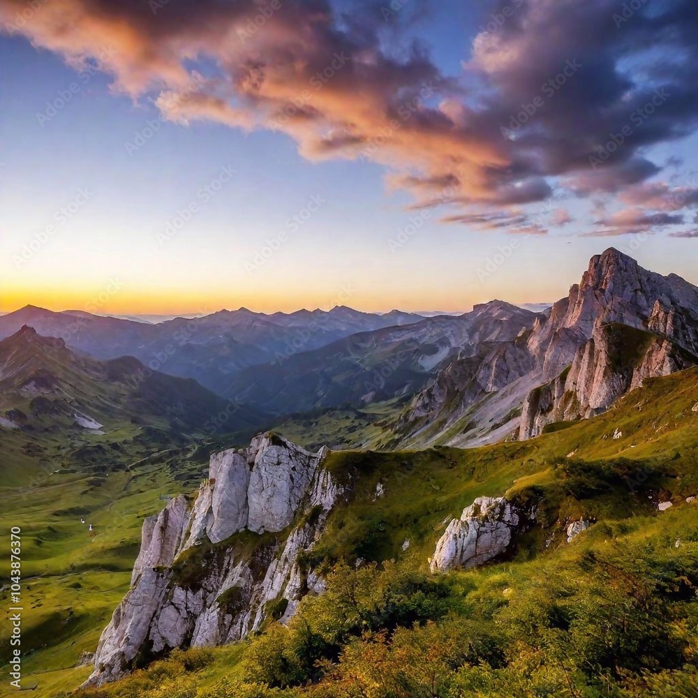 Obraz premium Wide-angle view of a mountain range at sunset