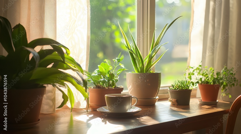 Sunlit Windowsill Serenity: A collection of potted plants thrives on a sun-drenched windowsill, accompanied by a delicate teacup, creating a scene of peaceful domesticity.