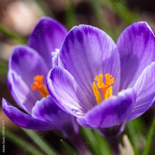 Illustrate an extreme close-up of a spring crocus, showcasing the minute details of its vibrant purple petals, the velvety texture, and the intricate patterns within the flower's center