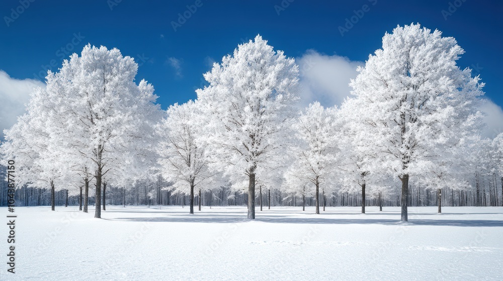A snowy field with a line of frost-covered trees under a bright blue sky. A snowy field with a line of frost-covered trees under a bright blue sky.