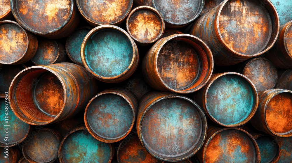A group of weathered, rusty metal barrels stacked horizontally, showing vibrant blue and orange oxidation patterns A group of weathered, rusty metal barrels stacked horizontally, showing vibrant blue and orange oxidation patterns