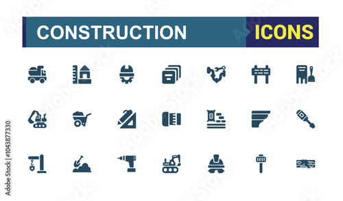 Construction tools solid icons collection. Perfect for filled UI designs featuring builder, construction, toolbo, tools, construction tools, and more. Set of filled pictogram. Editable stroke.