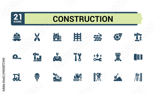 Construction tools solid icons collection. Perfect for filled UI designs featuring builder, construction, toolbo, tools, construction tools, and more. Set of filled pictogram. Editable stroke.