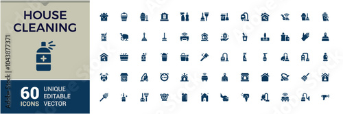 Home Cleaning solid icons set. Contains related to cleaning product, hygiene, clean, housekeeping, cleaning, housework and more. Perfect for logos and infographics. Editable vector illustrati
