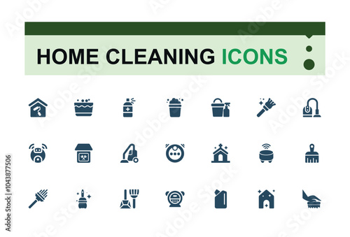 Home Cleaning solid web icon set. Perfect for UI designs featuring housework, hygiene, home cleaning, cleaning product, cleaning, house cleaning and more. Vector illustration in modern filled style.