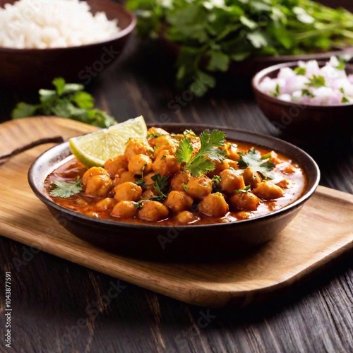 Indian Chana Masala: A vibrant photo of a steaming bowl of chana masala, featuring spiced chickpeas cooked in a rich tomato sauce, garnished with fresh cilantro and served with basmati rice and lime