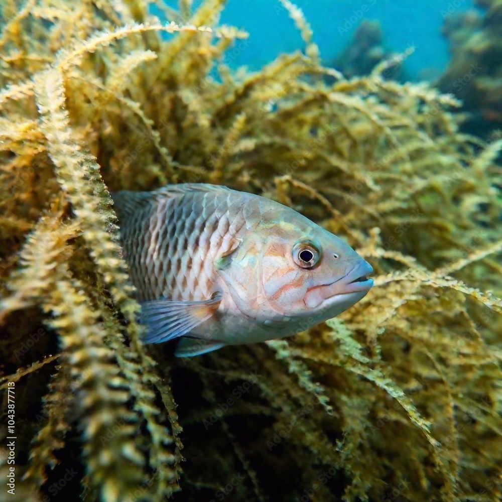 macro shot of a fish hiding among seaweed, capturing the intricate details of its camouflage and the textures of the seaweed with a soft-focus effect