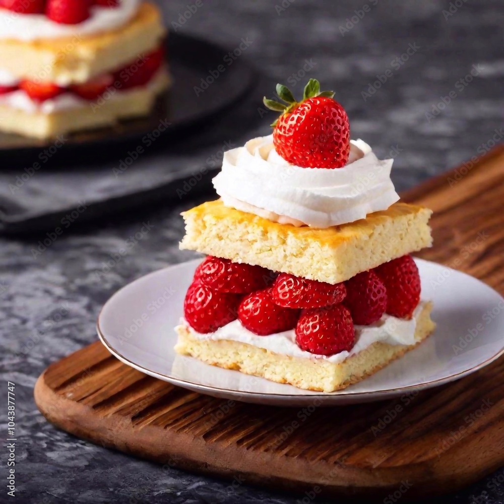 A close-up from above of a layered strawberry shortcake with fresh berries and whipped cream, with the cake in sharp focus and the background softly blurred, highlighting the dessert's freshness and A close-up from above of a layered strawberry shortcake with fresh berries and whipped cream, with the cake in sharp focus and the background softly blurred, highlighting the dessert's freshness and