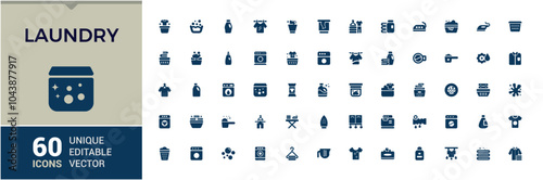 Laundry solid icon set. Related to linens, garment cleaning, fabric cleaning, laundry services and more. UI icon set in flat design. Vector icons editable filled sign.