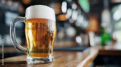 A glass mug full of frothy beer rests on a wooden bar counter, capturing the essence of a casual night out with friends in a welcoming pub atmosphere. photo