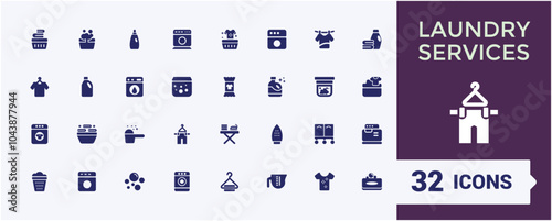 Laundry servicesset of web icons in solid style. Perfect for filled UI designs featuring garment cleaning, clothing care, cloth care, fabric cleaning and more. Outline icon collections.