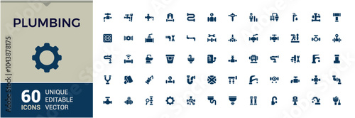 Plumbing vector soli icons collection. Contains related to water systems, pipe fitting, pipe maintenance, piping and more. Simple icon for mobile and web apps. Vector illustration.