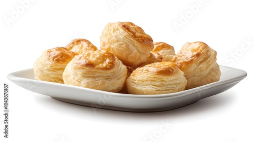 Golden puff pastry bites on plate - delicious flaky layers and buttery texture