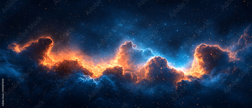 Fototapeta premium Cosmic Nebula with Fiery Orange and Blue Clouds in Deep Space