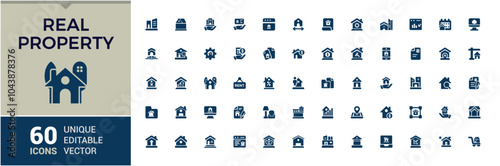 Real Estate icons in solid style. Contains such icons as estate, real property, realty, land assets, land development and more. Thin filled style icons pack. Vector icons editable sign.
