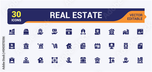 Real estate solid web icon set. Containing estate, property, realty, land development, property market and more. UI icon set in flat design. Editable filled vector.