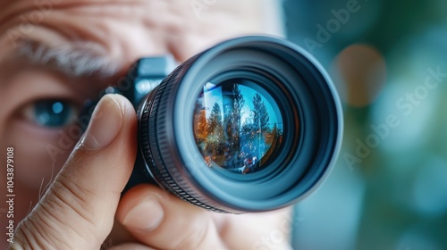 A captivating shot of a Canon camera lens capturing a reflection of vibrant scenery, highlighting the intersection of technology, art, and the beauty of the world. photo