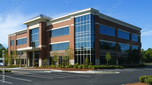 Modern Brick Office Building: A contemporary commercial building with a sleek, modern facade, featuring a brick exterior, expansive glass windows, and a well-maintained parking lot.