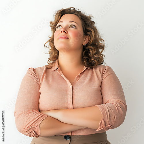 Confident woman in her forties with curly hair looking up thoughtfully, exuding sense of contentment and self assuredness photo