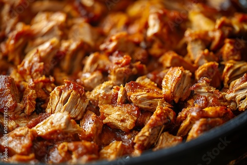 Close-up of tender and flavorful shredded pork in a rich sauce.