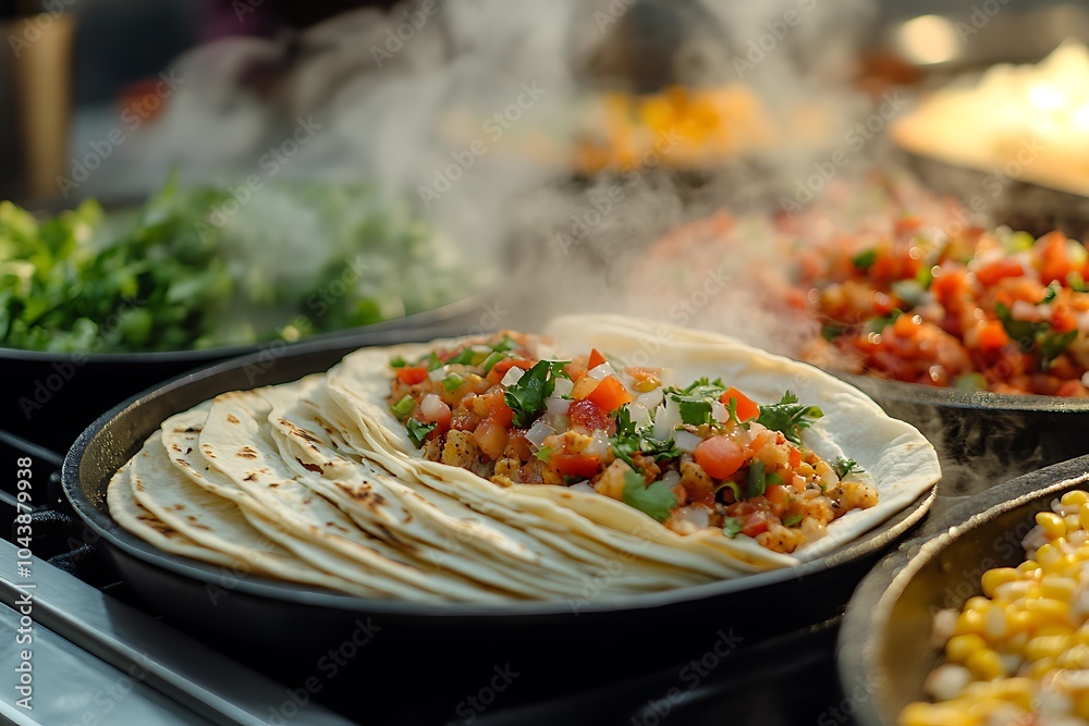Close-up of a Steaming Tortilla Filled with Meat, Vegetables, and Herbs. Close-up of a Steaming Tortilla Filled with Meat, Vegetables, and Herbs.