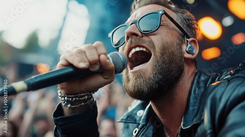 A dynamic performer in sunglasses and a leather jacket, singing passionately into a microphone amidst a vibrant concert crowd, depicting energy and enthusiasm. photo