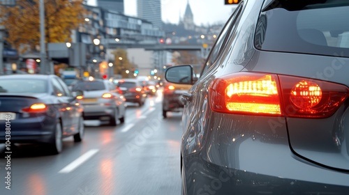 A hectic urban scene showing numerous cars driving on a city street, illustrating the pulse and fast-paced nature of modern urban transport. photo