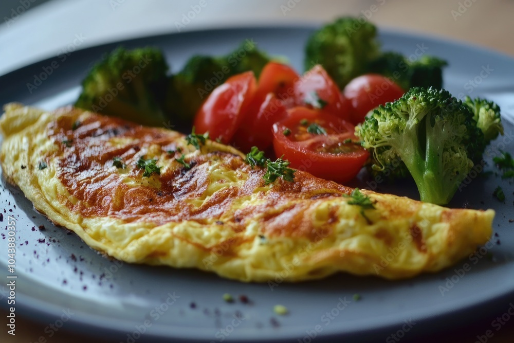 Healthy Vegetarian Omelette with Broccoli and Tomatoes in a Fresh Salad Plate