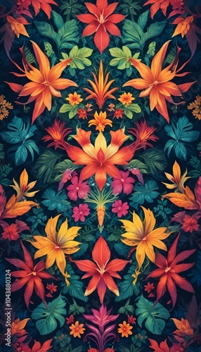 Tropical exotic pattern with animal and flowers in bright colors and lush vegetation