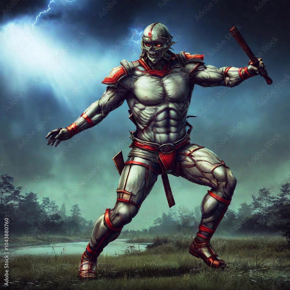 Naklejka premium 3 d rendering of an alien man with a sword on the dark background