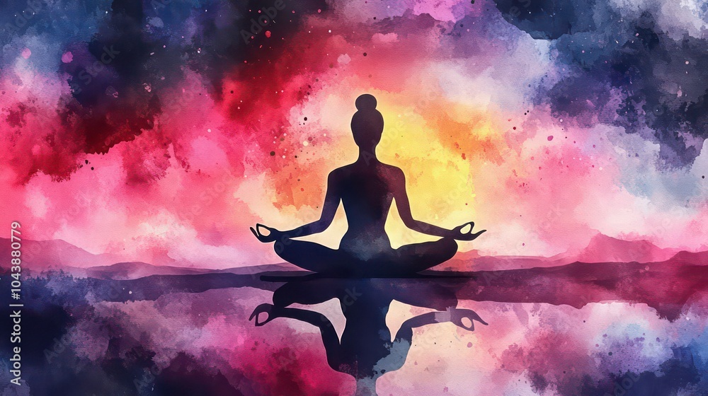A woman meditating in a lotus position, her reflection in the water, with a colorful watercolor background of clouds and stars. A woman meditating in a lotus position, her reflection in the water, with a colorful watercolor background of clouds and stars.