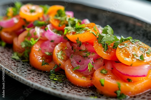 Close-up of Fresh Tomato and Red Onion Salad with Parsley.