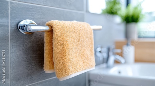 An orange towel adds a pop of color in a cozy bathroom space, neatly hung on a shiny chrome holder, enhancing the welcoming vibe of the modern bathroom design. photo