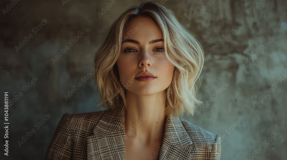 Fototapeta premium A woman with wavy blonde hair poses confidently against a textured wall in soft natural lighting, showcasing a stylish blazer