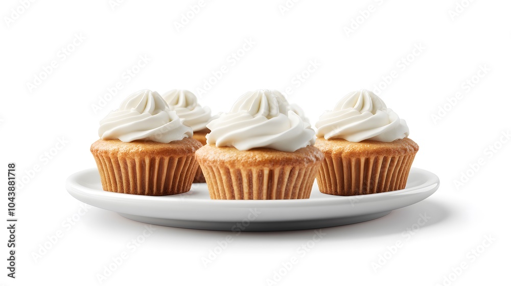 Delicious vanilla cupcakes with creamy frosting on a white plate Delicious vanilla cupcakes with creamy frosting on a white plate