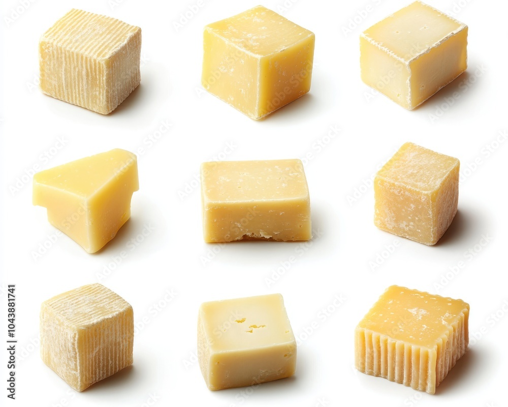 Assorted Cheese Cubes with Grooves and Cut-Out Path on White Background