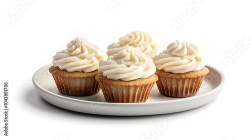 Delicious vanilla cupcakes with swirled buttercream frosting on a white plate photo