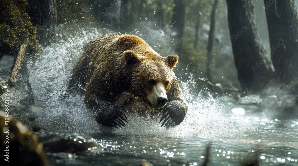 A vivid capture of a brown bear charging through water in a forested river setting, water splashing around it A vivid capture of a brown bear charging through water in a forested river setting, water splashing around it