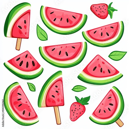 Colorful watermelon slices and popsicles on a white background. photo