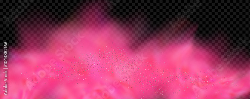 Pink powder dust with glittering shimmering swirls, shiny glitter design. Magical motion, sparkling lines on a black background.