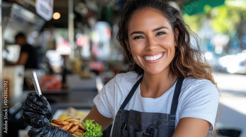 A cheerful woman wearing an apron and gloves serves fries at an outdoor food stand, capturing the essence of street food and vendor hospitality on a sunny day.