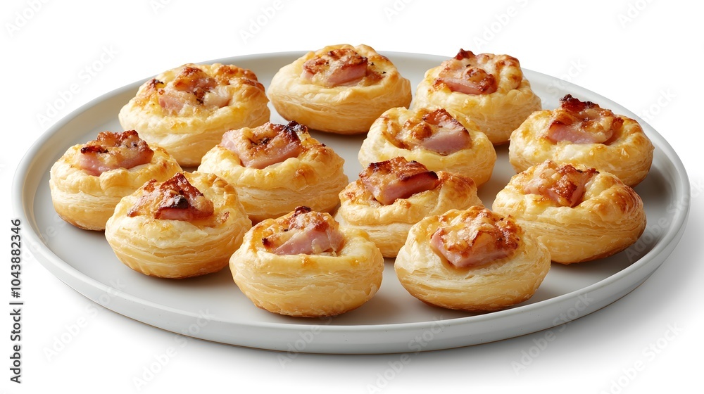 Delicious savory puff pastry bites with ham and cheese on white plate Delicious savory puff pastry bites with ham and cheese on white plate