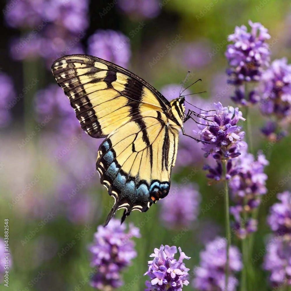 Obraz premium A close-up photo of a swallowtail butterfly feeding on a blooming lavender flower, deep focus on the fine details of its antennae and wing veins, eye-level shot showing the butterfly's delicate